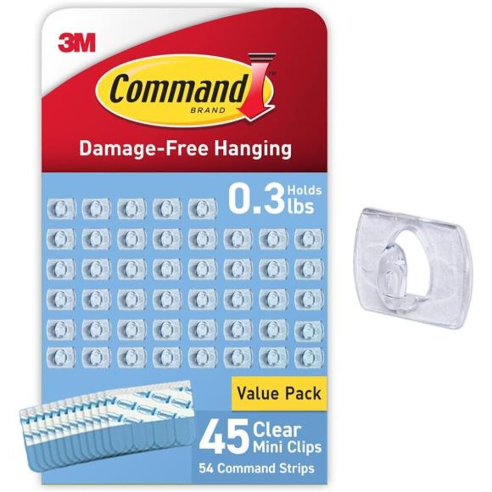 Command Indoor Mini Light Clips, 45 Clear Clips and 54 Command Strips, Damage